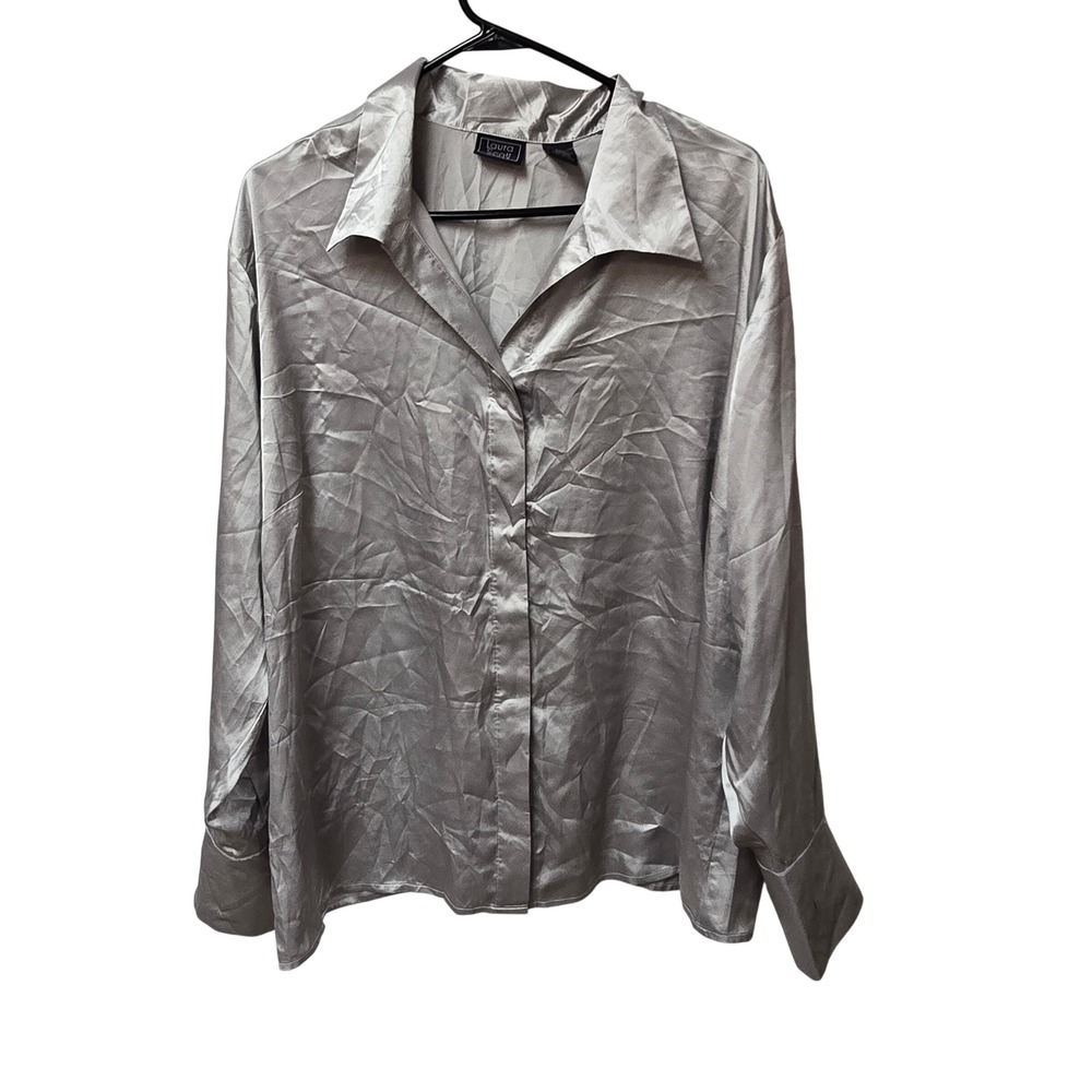 Laura Scott Silver Satin Blouse Womens 24W Button Down Y2K Whimsigoth‎ Fairy Top